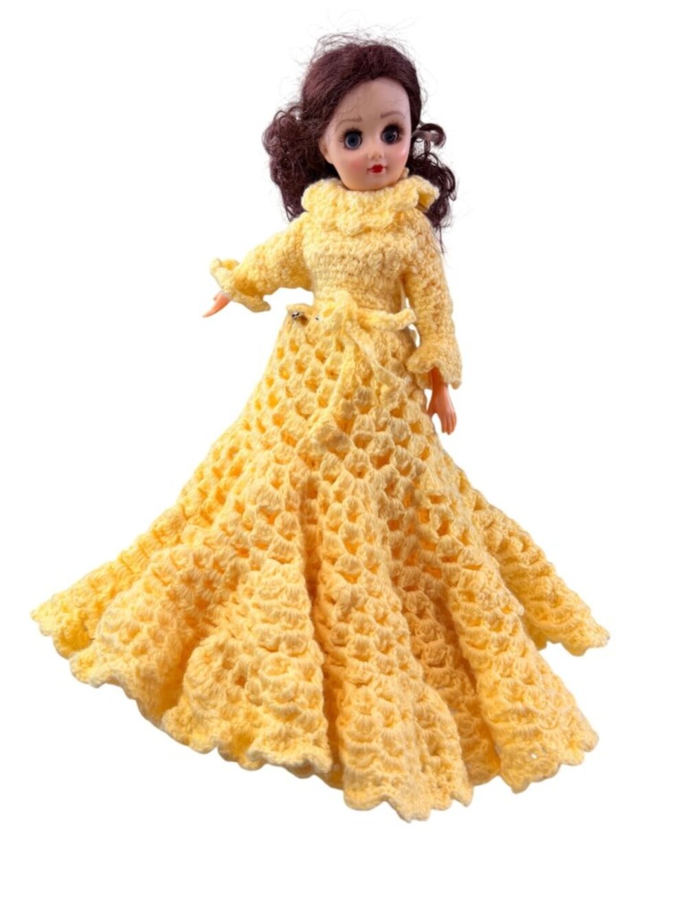 Vintage Doll With Hand-Crocheted Yellow Gown & Brown Hair - Collectible Home Déc